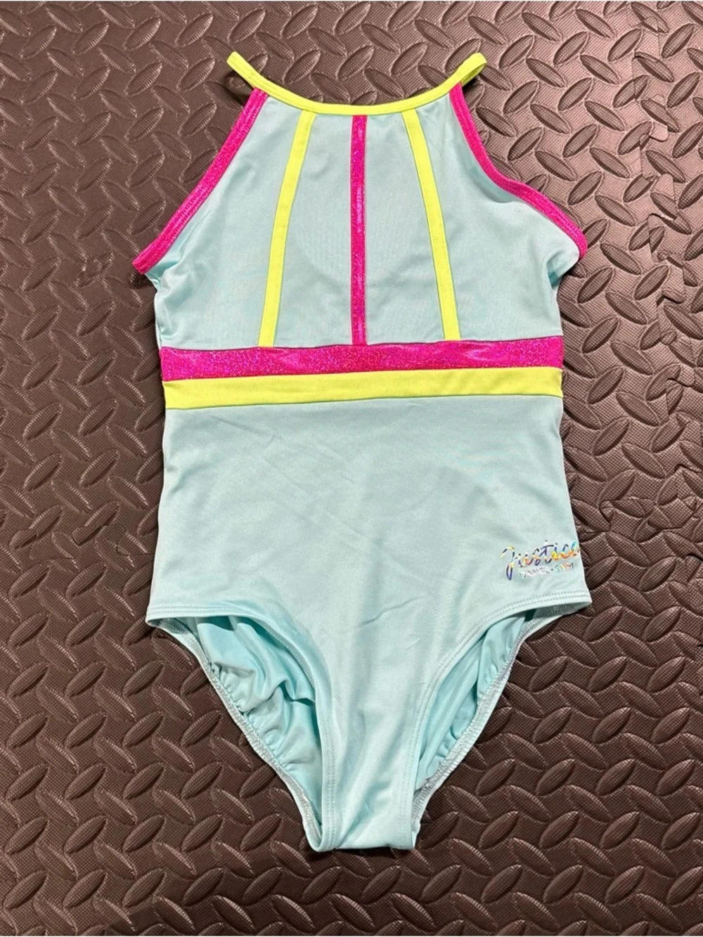 Justice Dance Gym Leotard Girls M 10 Aqua Neon Gymnastics